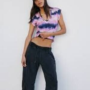 Free People Movement True North Tee Printed Women's Pink and Blue V-Neck Top XL